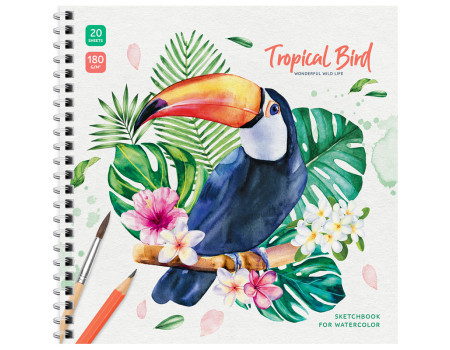 Скетчбук для акварели 20л., 190*190 ArtSpace "Tropical Bird", на гребне, 180г/м2