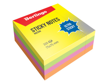 Самоклеящийся блок Berlingo "Ultra Sticky", 75*75мм, 320л, 4 неоновых цвета