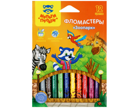 Фломастеры Мульти-Пульти "Зоопарк", 12цв., с печатью, картон