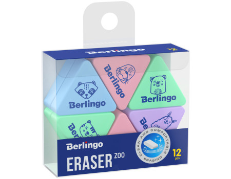 Ластик Berlingo "Zoo", 12шт., треугольные, 28*24*10мм, PVC бокс